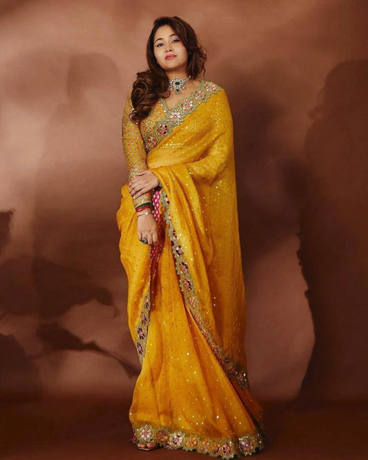 Elegant Mustard Yellow Faux Georgette Saree with Mirror and Embroidery Work