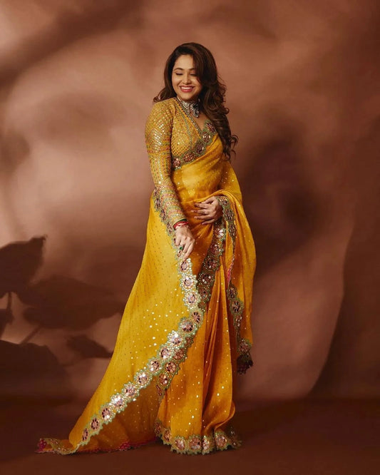 Elegant Mustard Yellow Faux Georgette Saree with Mirror and Embroidery Work