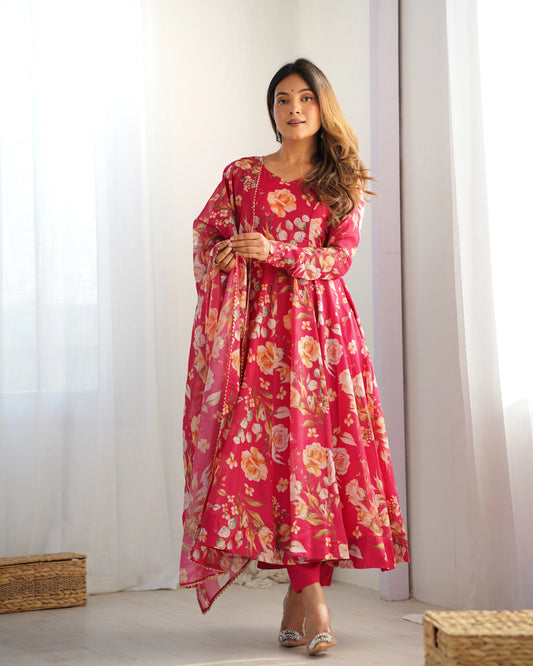 Rose Bloom Floral Anarkali Set in Organza Silk with Gota Lace Dupatta